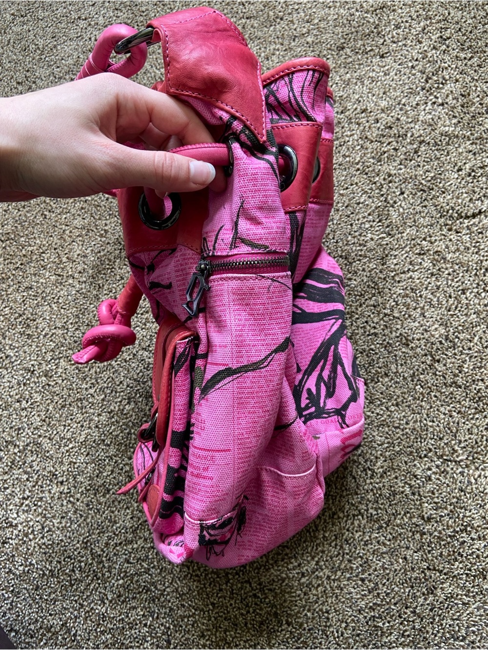 Vintage John Galliano Pink Newspaper Print Leather/Canvas Shoulder Slouchy Bag - Picture 4 of 15
